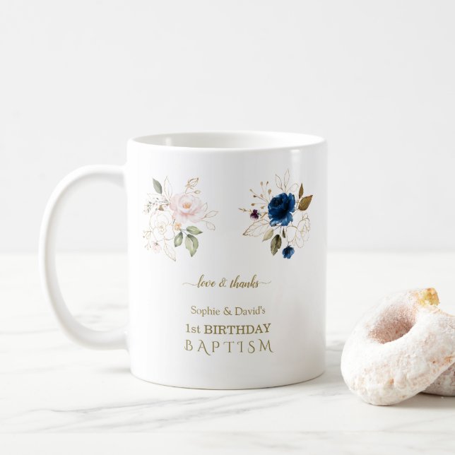 Mug Fleurs d'or rose bleu Jumeaux 1er anniversaire Bap (Avec donut)