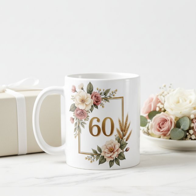 Mug Fleurs Élégantes 60e Anniversaire Nom et Date Pers (Elegant Floral 60th Birthday Custom Name & Date Coffee Mug)