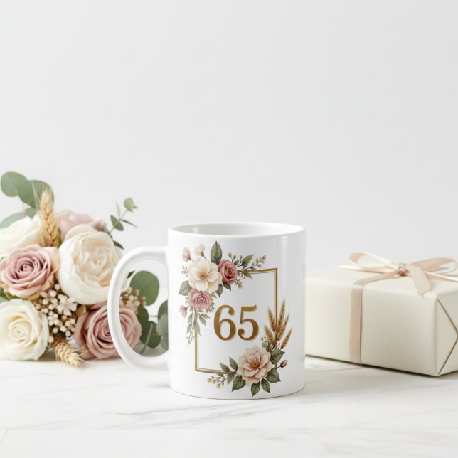 Mug Fleurs Élégantes 65e Anniversaire Nom et Date Pers (Elegant Floral 65th Birthday Custom Name & Date Coffee Mug)