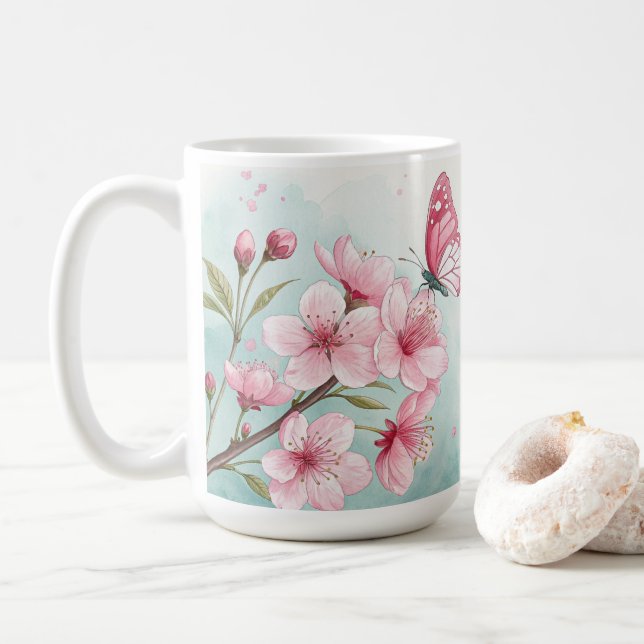 Mug Fleurs élégantes de cerisier rose et papillon (Avec donut)