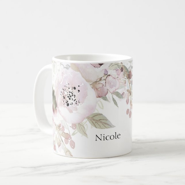 Mug Fleurs Élégantes Florales de Couleur Rose Pâle à l (Devant gauche)