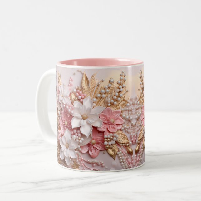 Mug Fleurs et Baies 3D Rose, Blanc et Or (Devant gauche)