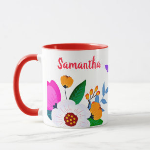 Mug Fleurs Et Papillon Blanc Et Rose Jaune Élégant