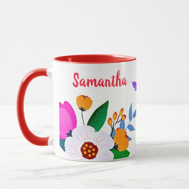 Mug Fleurs Et Papillon Blanc Et Rose Jaune Élégant (Gauche)