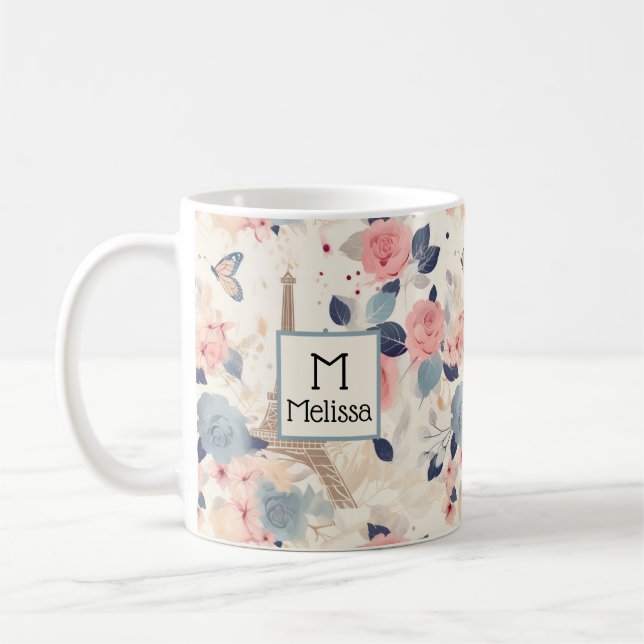 Mug Fleurs et Tour Eiffel Paris Motif Monogramme (Gauche)