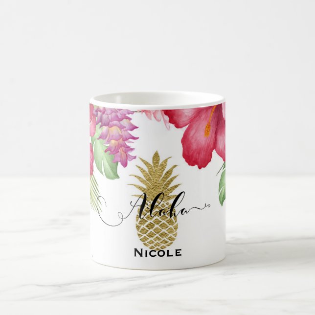Mug Fleurs exotiques tropicales et ananas d'or Aloha (Centre)