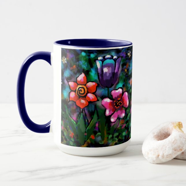 Mug Fleurs florales blanches bleu rose (Avec donut)
