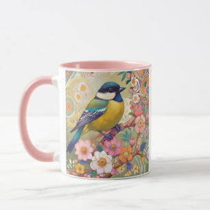 Mug Fleurs florales colorées d'Oiseau de Chickadee Gre