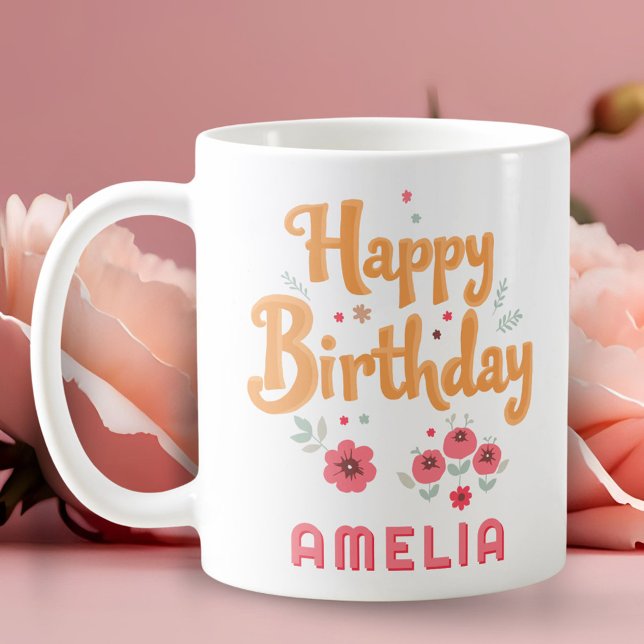 Mug Fleurs Florales Joyeux Anniversaire Handlettering (Créateur téléchargé)