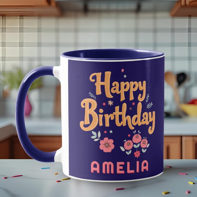Mug Fleurs Florales Joyeux Anniversaire Handlettering (Créateur téléchargé)