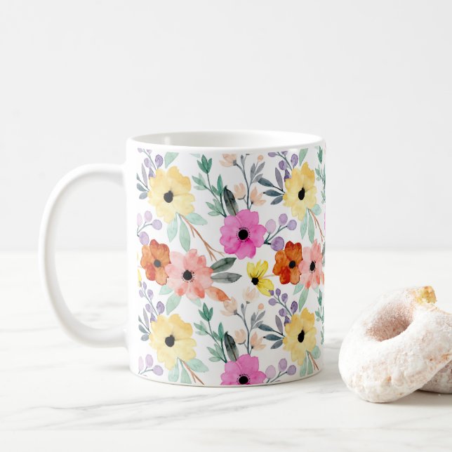 Mug Fleurs Florales Rose, Rouge, Jaune Aquarelle  (Avec donut)