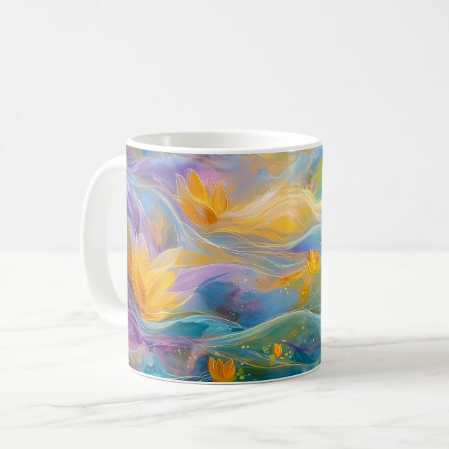 Mug Fleurs flottantes de lotus doré abstrait  (Devant gauche)