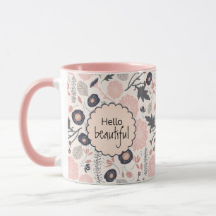 Mug Fleurs Gris Rose Noir Bonjour Belle