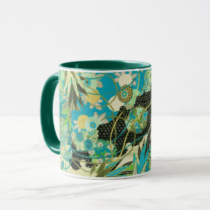 Mug FLEURS JAPONAISES ANCIENNES Aqua Blue Green Floral