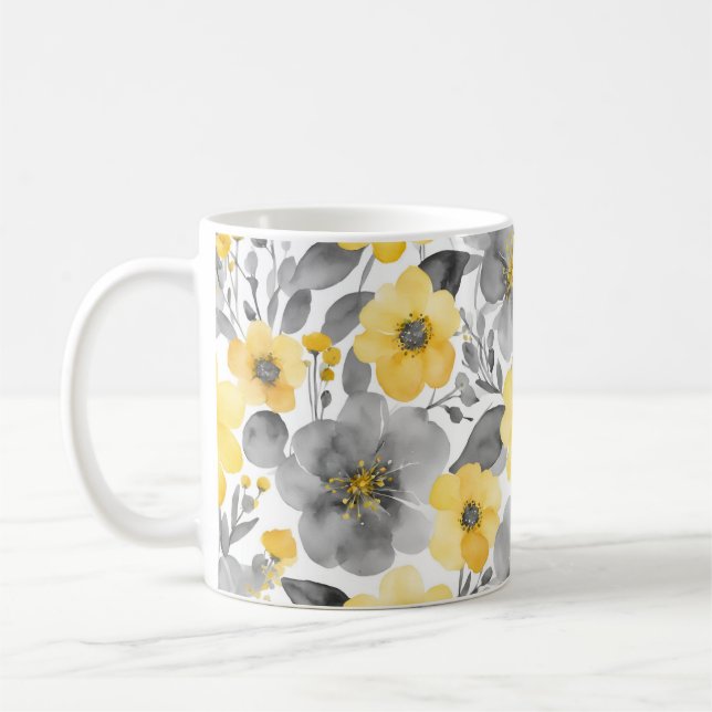 Mug Fleurs Jaunes Et Gris En Aquarelles (Gauche)