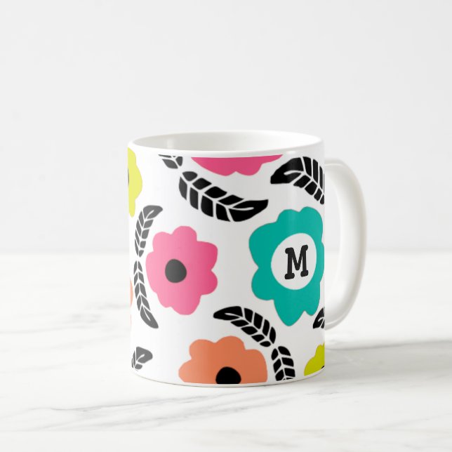 Mug Fleurs lumineuses modernes et monogramme à feuille (Devant droit)