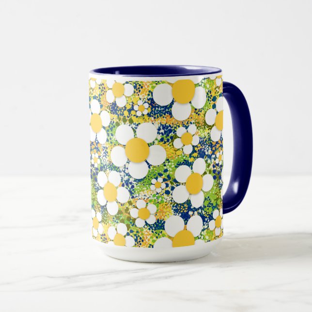 Mug Fleurs Méditerranéennes Bleu Jaune et Blanc (Devant droit)