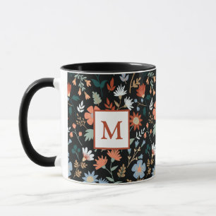 Mug Fleurs modernes Feuille noir orange bleu Monogramm