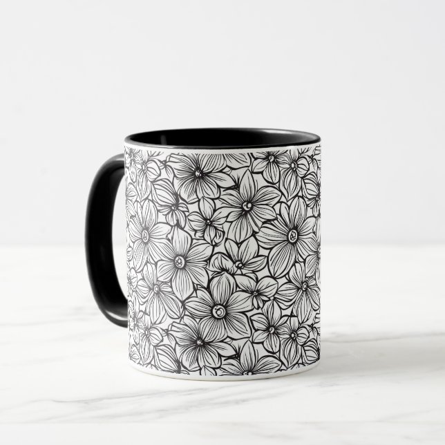 Mug Fleurs Noir Blanc (Devant gauche)