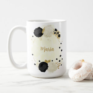 Mug Fleurs noires et blanches romantiques mariage or