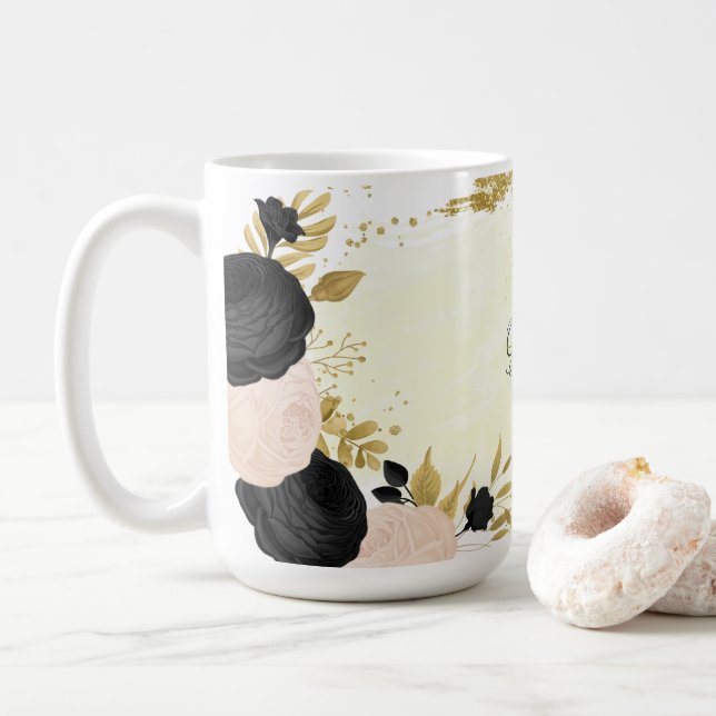 Mug fleurs noires roses or botanique mariage (Avec donut)