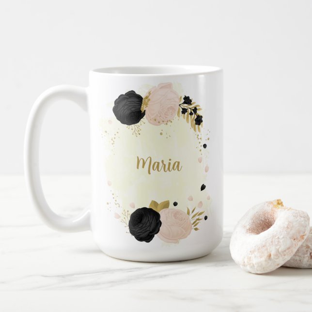 Mug fleurs noires roses or botanique mariage (Avec donut)