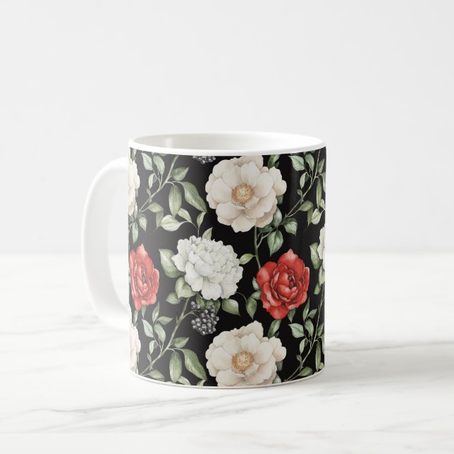 Mug Fleurs Noires Rouges Blanches Élégantes (Devant gauche)