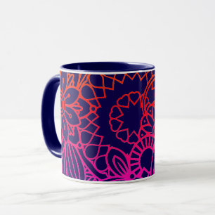Mug Fleurs orange violet et fond bleu marine  