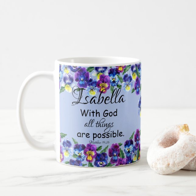 Mug Fleurs Pansy Floral Christian Scripture Nom (Avec donut)
