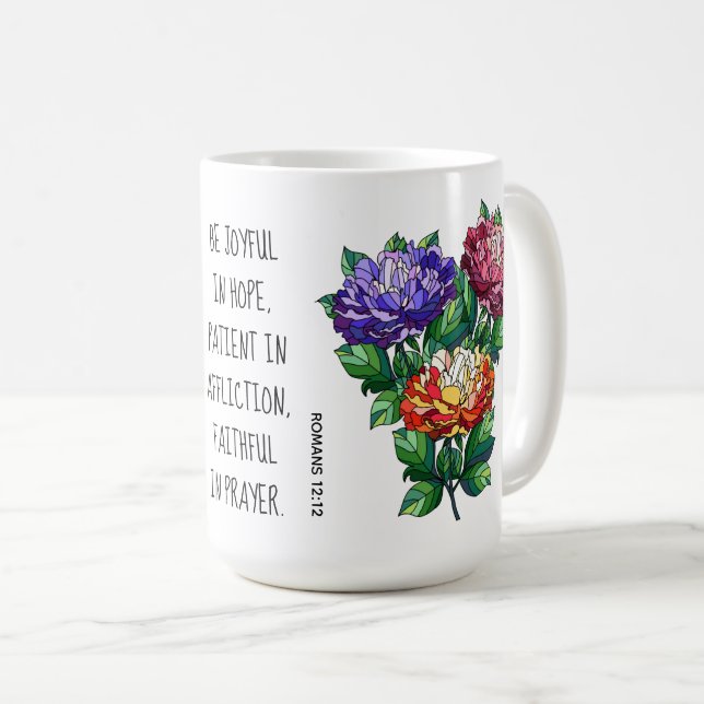 Mug Fleurs peintes avec vers romains 12:12 (Devant droit)