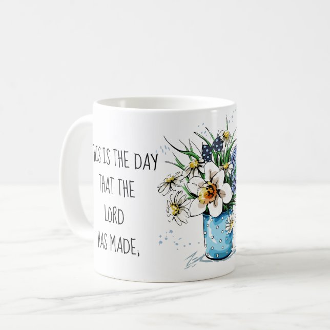 Mug Fleurs peintes, vers du psaume 118:24 (Devant gauche)