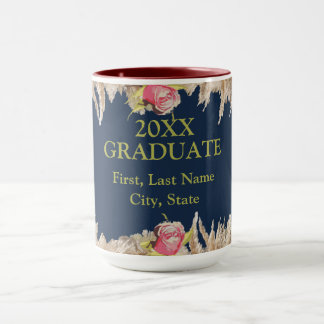 Mug Fleurs personnalisées bleu et or, Remise des diplô