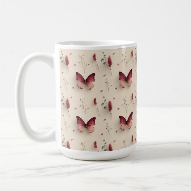 Mug Fleurs printanières vintage & papillon rose tendre (Gauche)