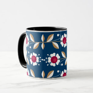 Mug Fleurs rétro blanches sur fond bleu foncé