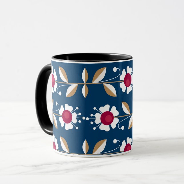 Mug Fleurs rétro blanches sur fond bleu foncé (Devant gauche)