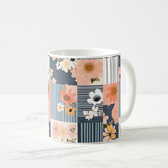 Mug Fleurs Rétro en Patchwork Rose et Bleu (Devant droit)