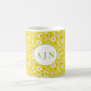 Mug Fleurs rétro mod jaunes et blanches Monogramme 