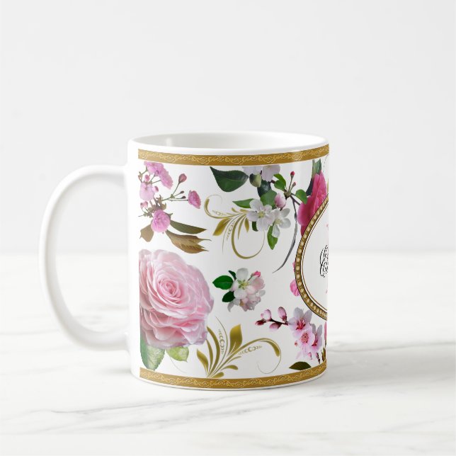 Mug Fleurs rose monogramme (Gauche)