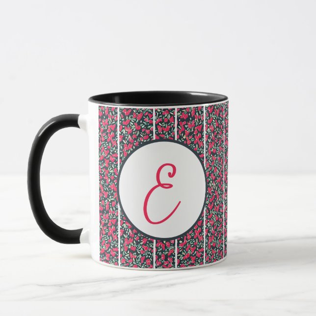 Mug Fleurs roses abstraites et monogramme à rayures bl (Gauche)