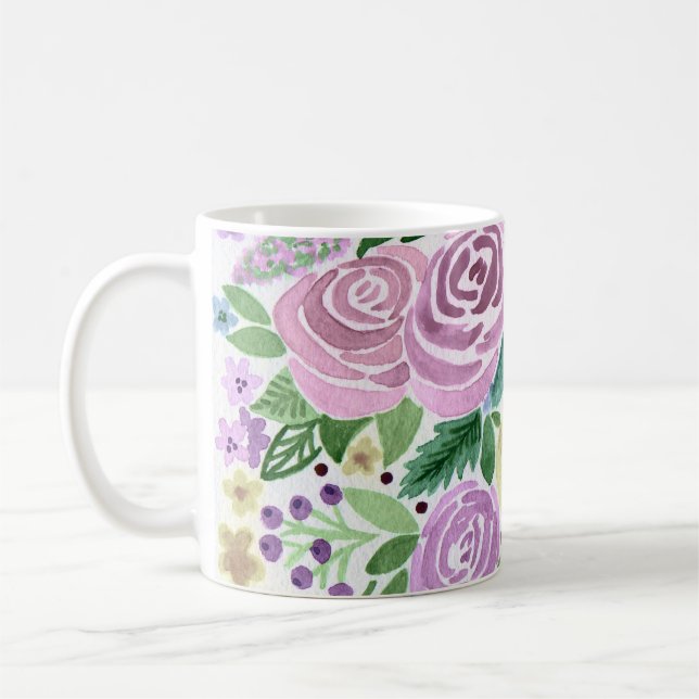 Mug Fleurs roses aquarelle roses feuilles vertes blanc (Gauche)