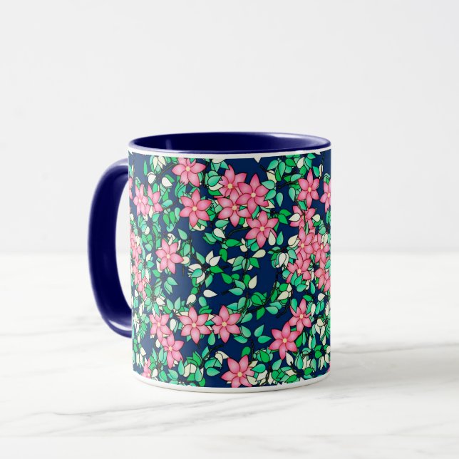 Mug Fleurs roses, arrière - plan bleu foncé (Devant gauche)