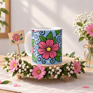 Mug Fleurs roses avec feuilles vertes et détails courb