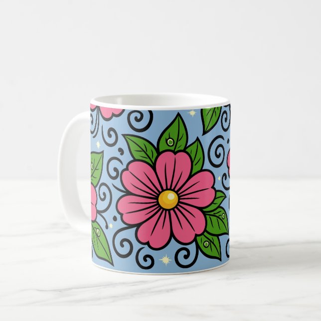 Mug Fleurs roses avec feuilles vertes et détails courb (Devant gauche)