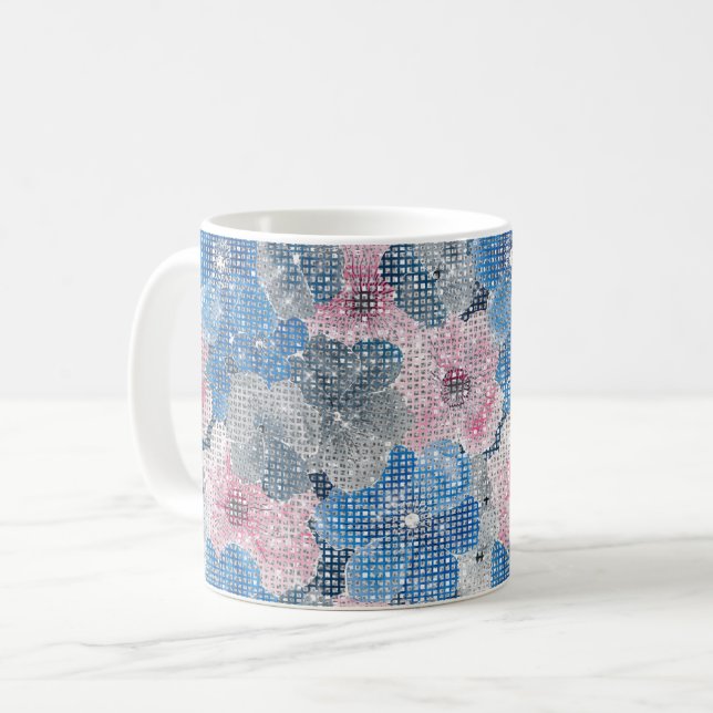 Mug Fleurs roses bleues scintillent (Devant gauche)