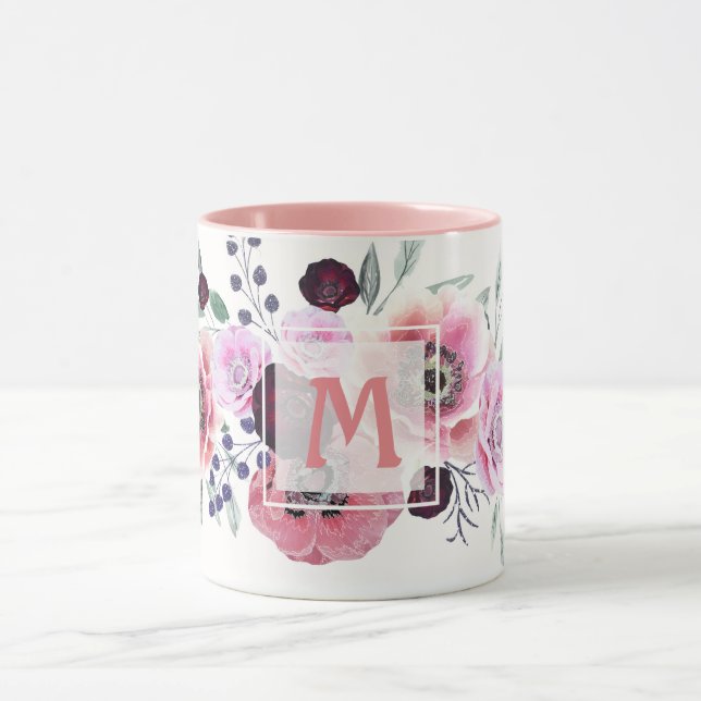 Mug Fleurs roses bordeaux aquarelle (Centre)