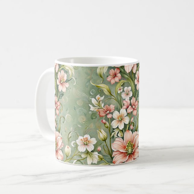 Mug Fleurs roses et blanches sereines sur sauge (Devant gauche)