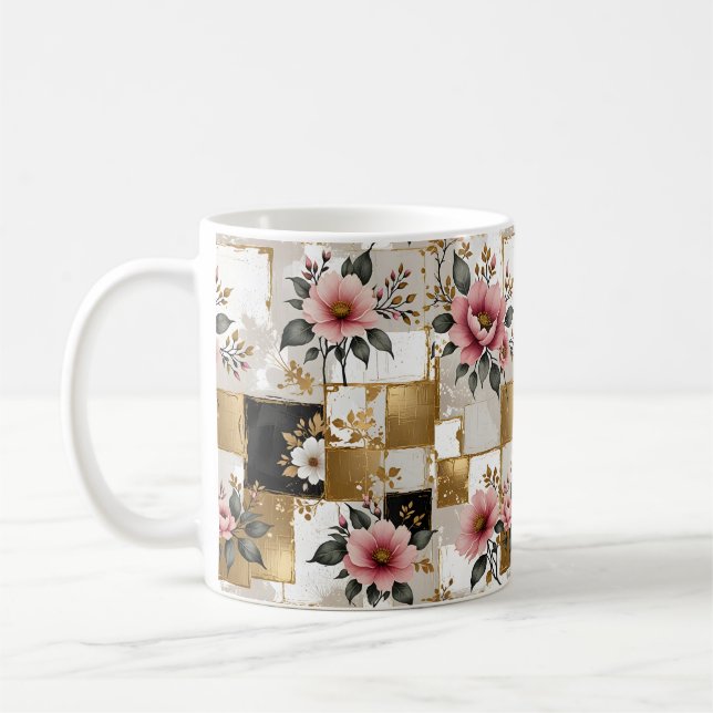Mug Fleurs roses et blanches sur Carrés or et noir (Gauche)