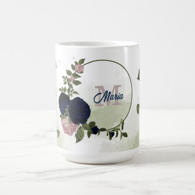 Mug fleurs roses et bleu marine feuillage monogramme (Centre)
