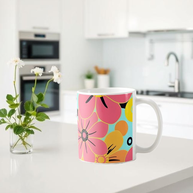 Mug Fleurs roses et jaunes sur Sky Blue- Dopamine (Pink & Yellow Blossoms on Sky Blue- Dopamine Style Coffee Mug)