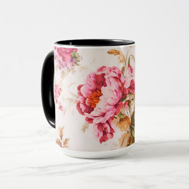 Mug Fleurs roses et orange exquises. Shabby Chic (Devant gauche)
